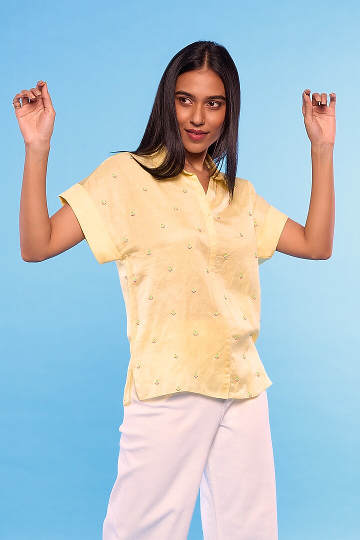 Yellow Satin Linen Embroidered Shirt by Mayu Kothari at Pernia's Pop Up Shop