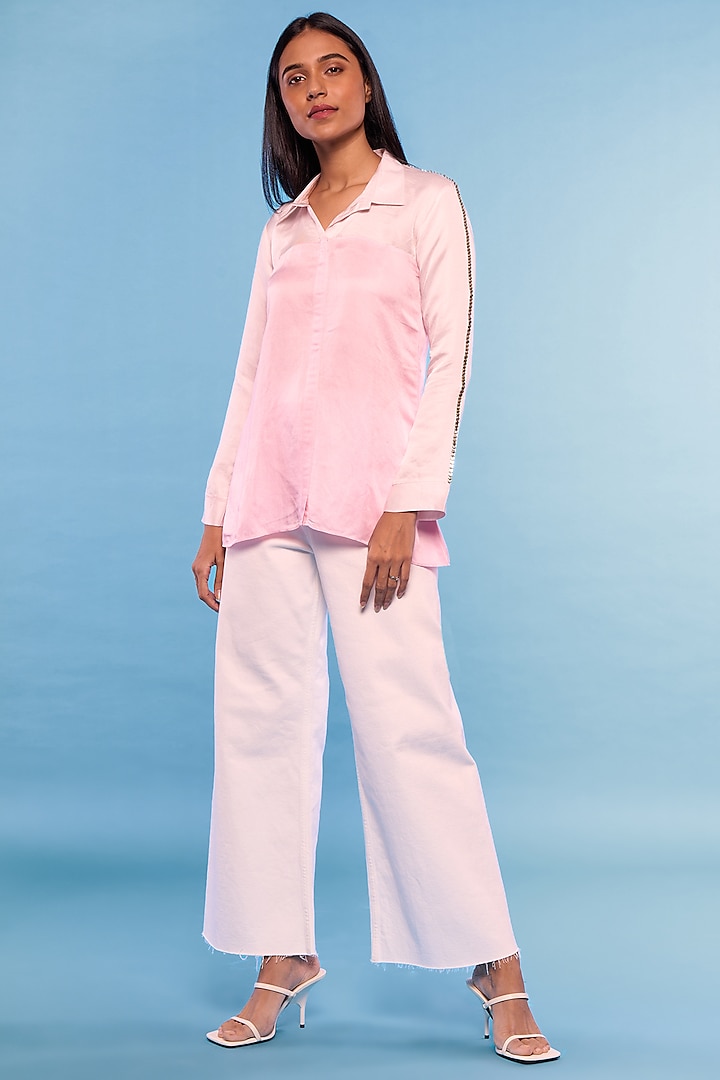 Pink Satin Linen Embroidered Shirt by Mayu Kothari