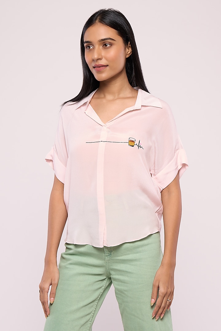 Baby Pink Pure Crepe Embroidered Shirt by Mayu Kothari at Pernia's Pop Up Shop