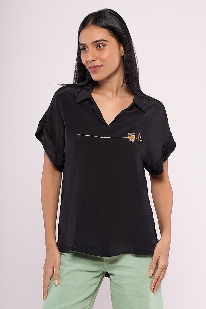 Black Pure Crepe Embroidered Shirt by Mayu Kothari