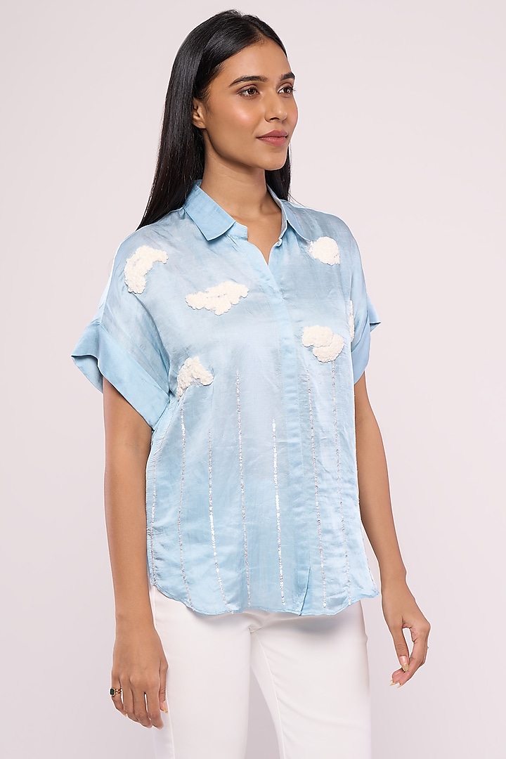 Blue Satin Linen Embroidered Shirt by Mayu Kothari at Pernia's Pop Up Shop