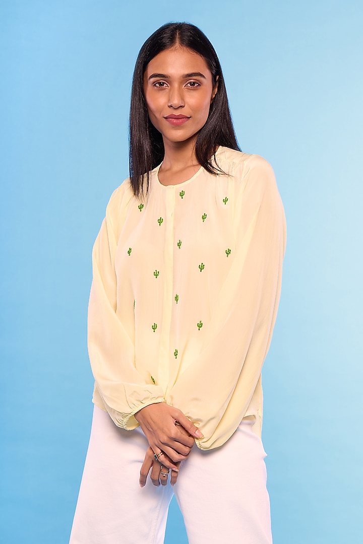 Yellow Pure Crepe Embroidered Shirt by Mayu Kothari at Pernia's Pop Up Shop