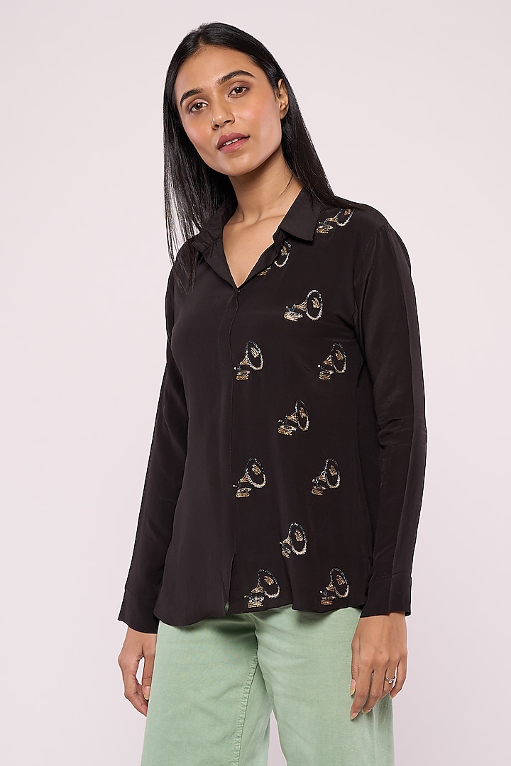 Black Pure Crepe Embroidered Shirt by Mayu Kothari at Pernia's Pop Up Shop