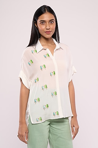 White Pure Crepe Embroidered Shirt by Mayu Kothari