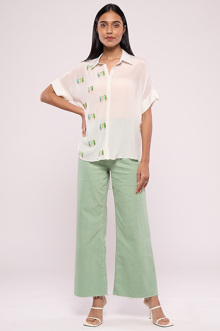 White Pure Crepe Embroidered Shirt by Mayu Kothari at Pernia's Pop Up Shop