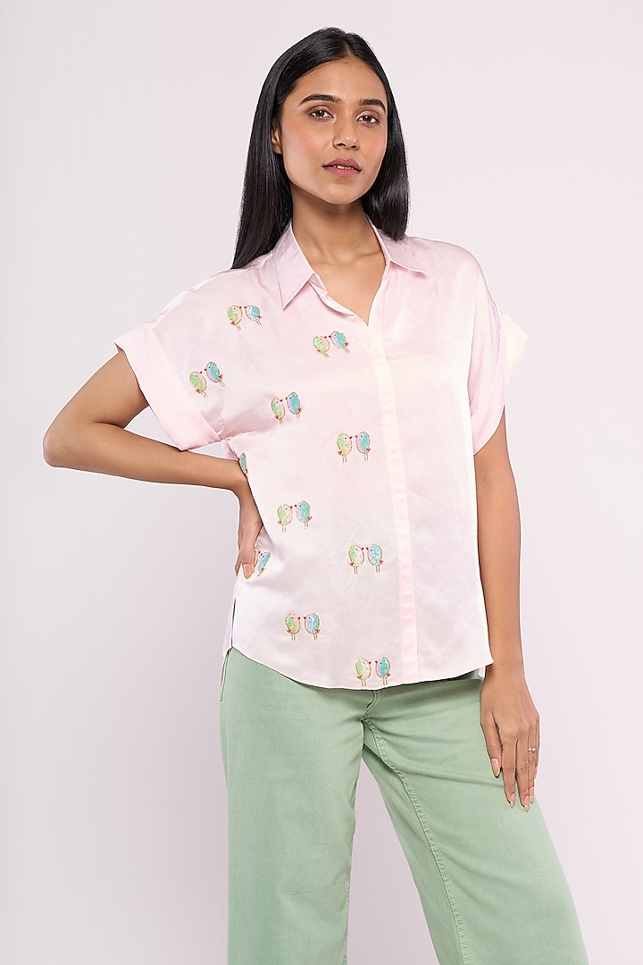 Baby Pink Satin Linen Embroidered Shirt by Mayu Kothari