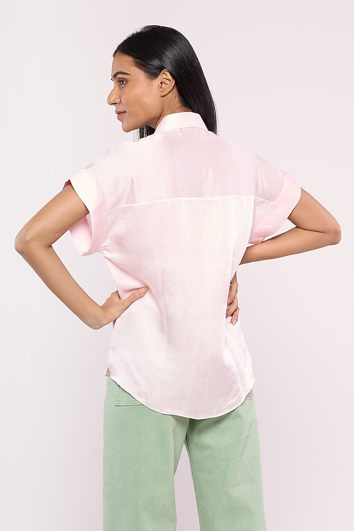 Baby Pink Satin Linen Embroidered Shirt by Mayu Kothari at Pernia's Pop Up Shop