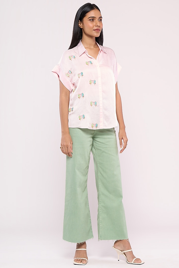 Baby Pink Satin Linen Embroidered Shirt by Mayu Kothari at Pernia's Pop Up Shop