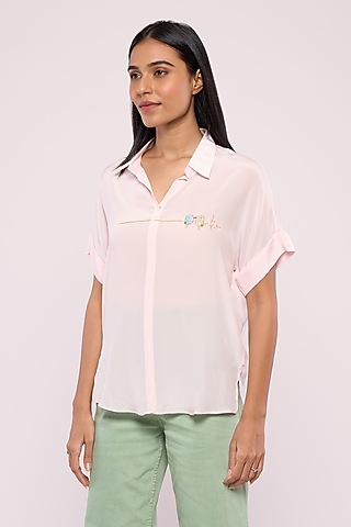 Baby Pink Pure Crepe Embroidered Shirt by Mayu Kothari