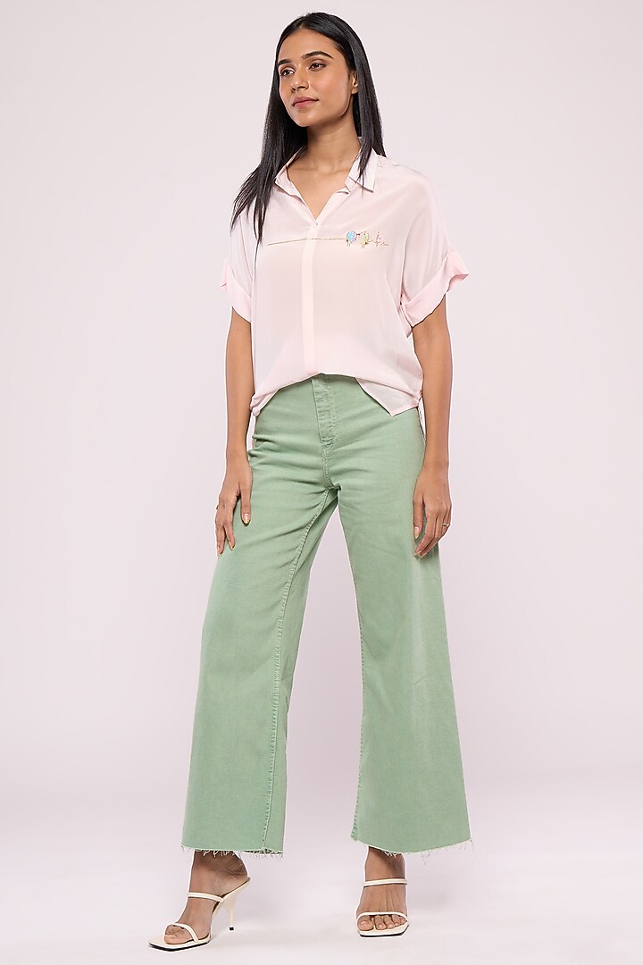 Baby Pink Pure Crepe Embroidered Shirt by Mayu Kothari at Pernia's Pop Up Shop