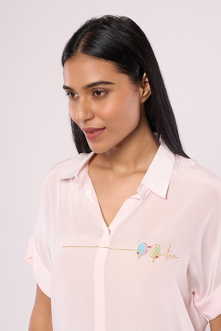 Baby Pink Pure Crepe Embroidered Shirt by Mayu Kothari at Pernia's Pop Up Shop