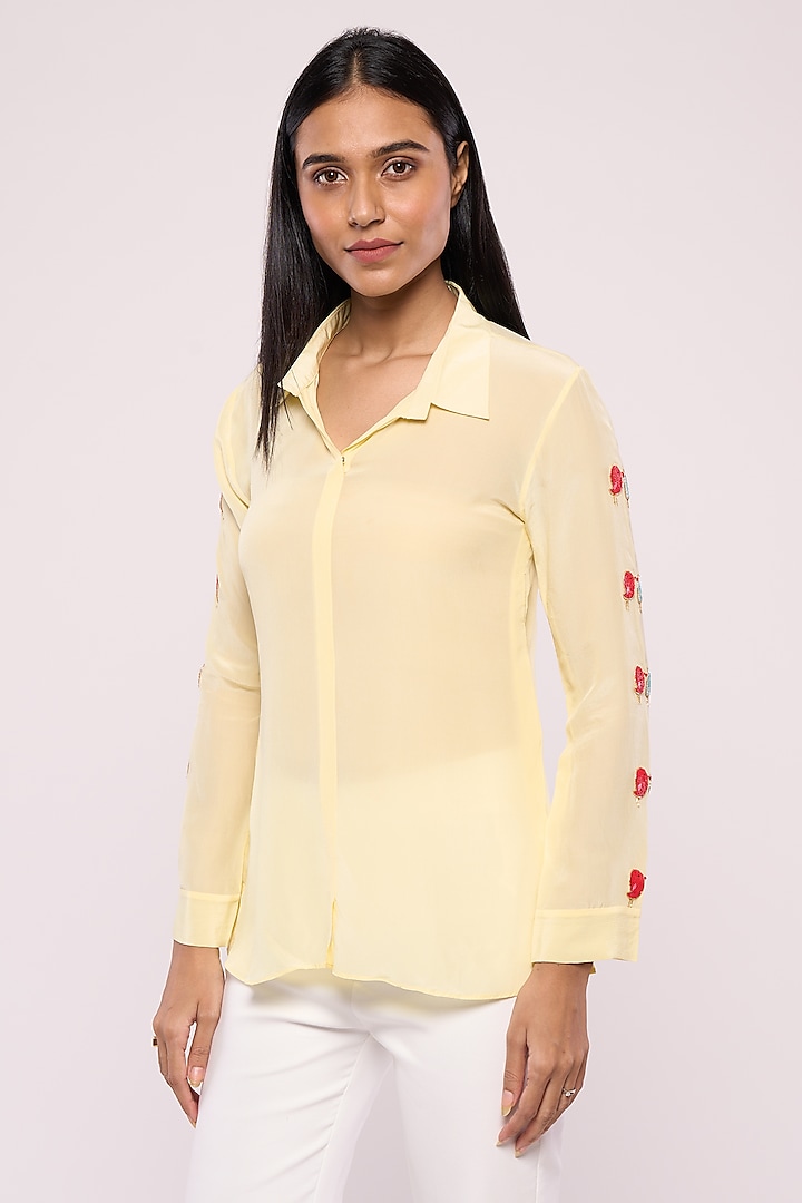 Yellow Pure Crepe Embroidered Shirt by Mayu Kothari