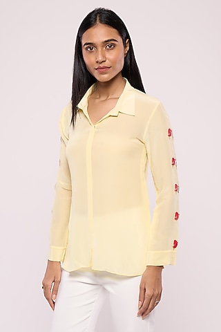Yellow Pure Crepe Embroidered Shirt by Mayu Kothari