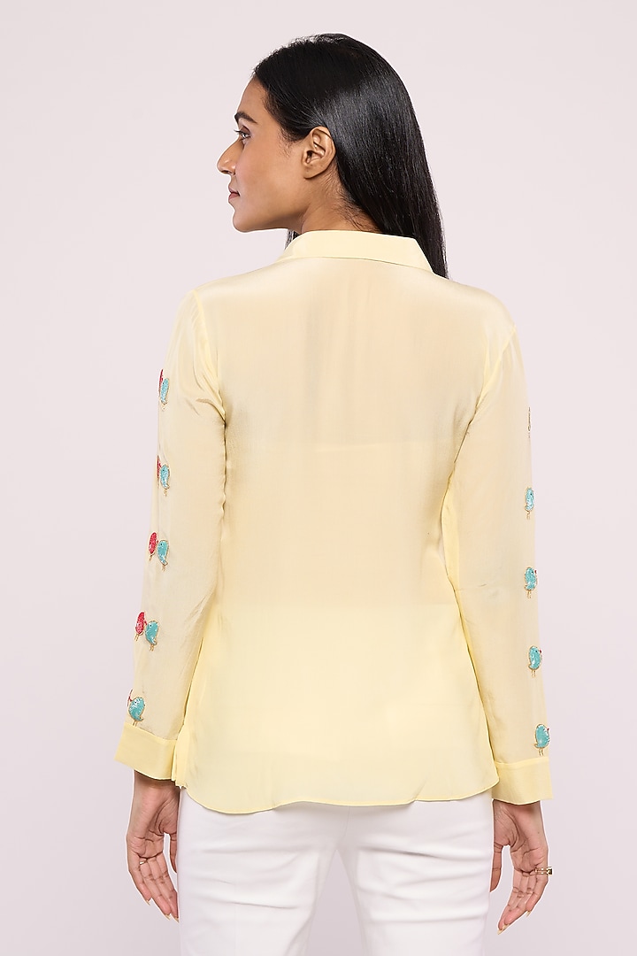 Yellow Pure Crepe Embroidered Shirt by Mayu Kothari at Pernia's Pop Up Shop
