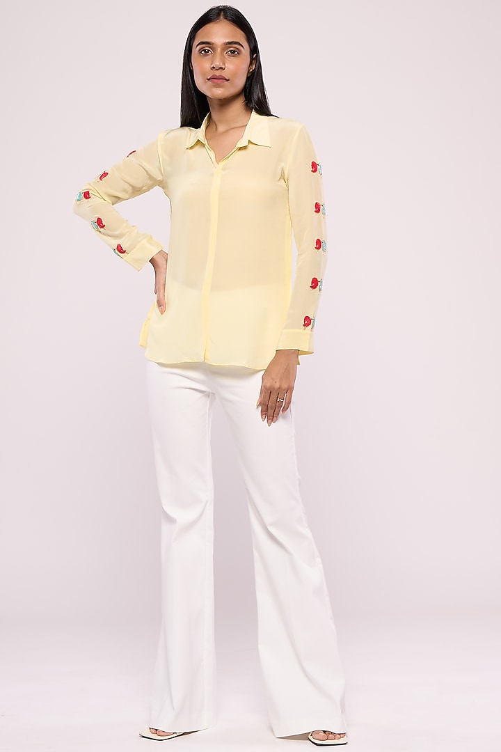 Yellow Pure Crepe Embroidered Shirt by Mayu Kothari at Pernia's Pop Up Shop