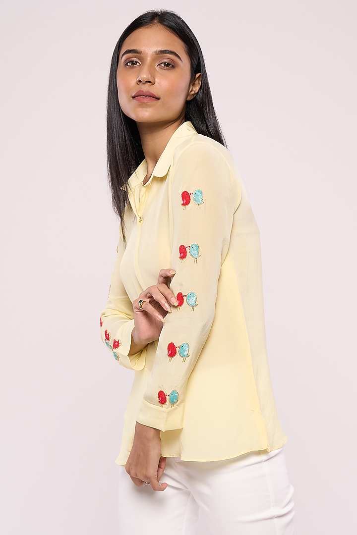 Yellow Pure Crepe Embroidered Shirt by Mayu Kothari at Pernia's Pop Up Shop
