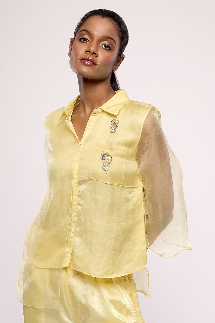 Yellow Satin Linen & Organza Embroidered Shirt by Mayu Kothari