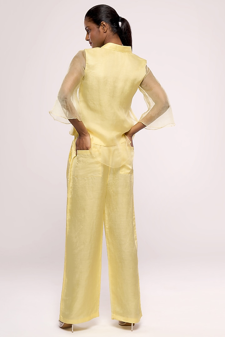 Yellow Satin Linen & Organza Embroidered Shirt by Mayu Kothari at Pernia's Pop Up Shop
