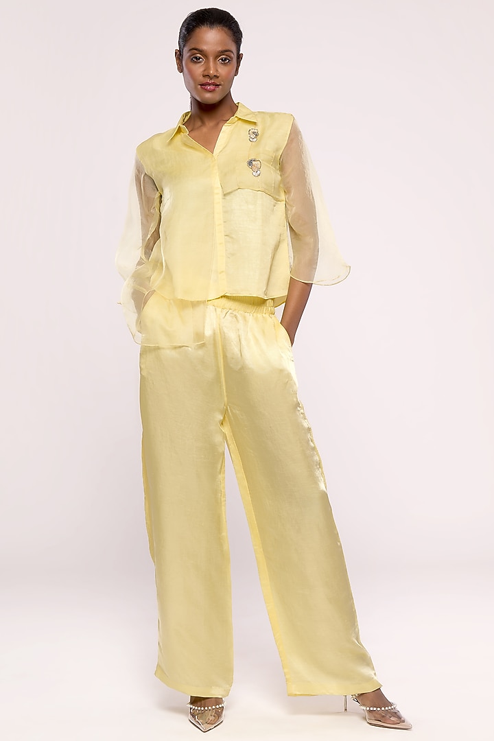 Yellow Satin Linen & Organza Embroidered Shirt by Mayu Kothari at Pernia's Pop Up Shop