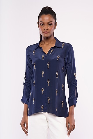 Cobalt Blue Pure Crepe Embroidered Shirt by Mayu Kothari