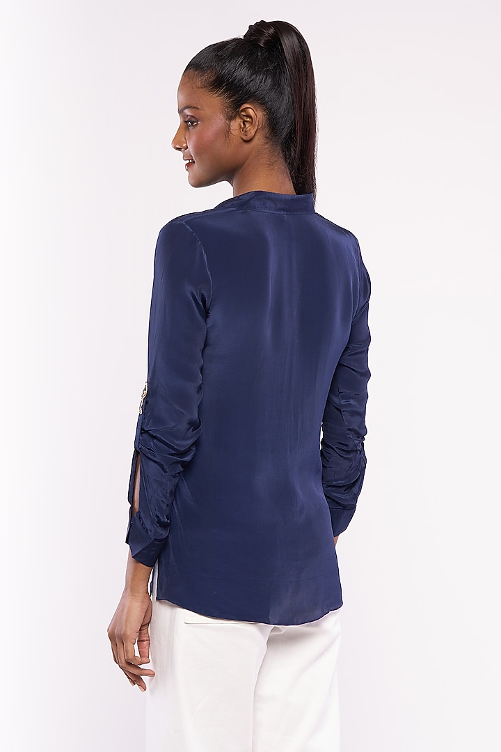 Cobalt Blue Pure Crepe Embroidered Shirt by Mayu Kothari at Pernia's Pop Up Shop