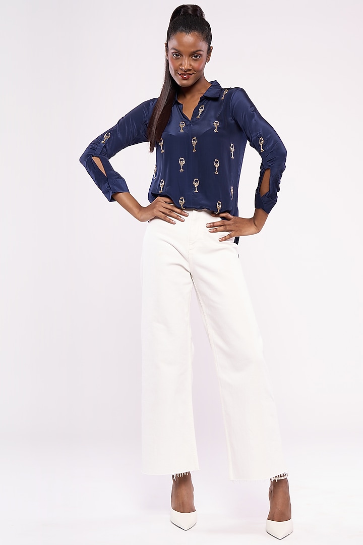 Cobalt Blue Pure Crepe Embroidered Shirt by Mayu Kothari at Pernia's Pop Up Shop