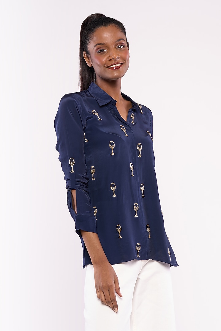 Cobalt Blue Pure Crepe Embroidered Shirt by Mayu Kothari at Pernia's Pop Up Shop