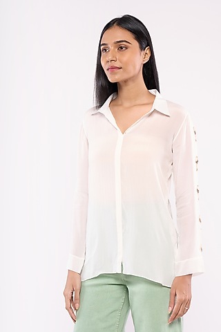 White Pure Crepe Embroidered Shirt by Mayu Kothari