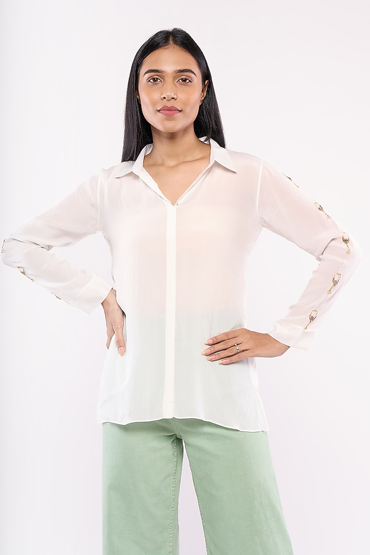 White Pure Crepe Embroidered Shirt by Mayu Kothari at Pernia's Pop Up Shop