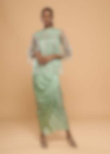 Green Modal Satin Skirt Set by Mayu Kothari