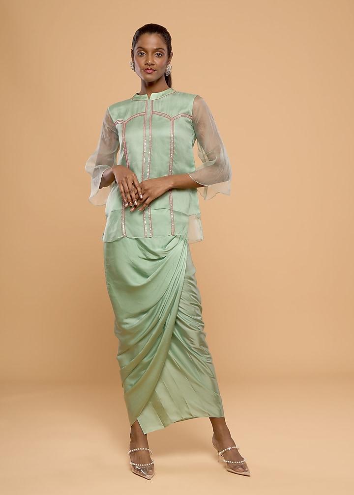 Green Modal Satin Skirt Set by Mayu Kothari