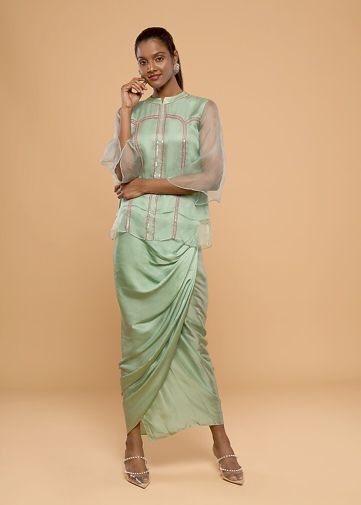 Green Modal Satin Skirt Set by Mayu Kothari at Pernia's Pop Up Shop
