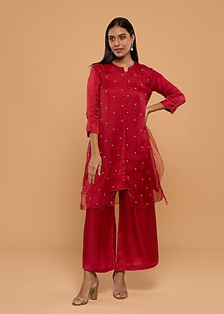 Red Modal Satin & Organza Embroidered Kurta Set by Mayu Kothari