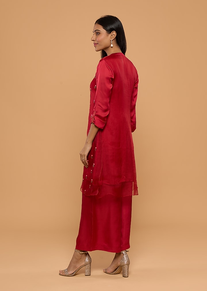 Red Modal Satin & Organza Embroidered Kurta Set by Mayu Kothari at Pernia's Pop Up Shop