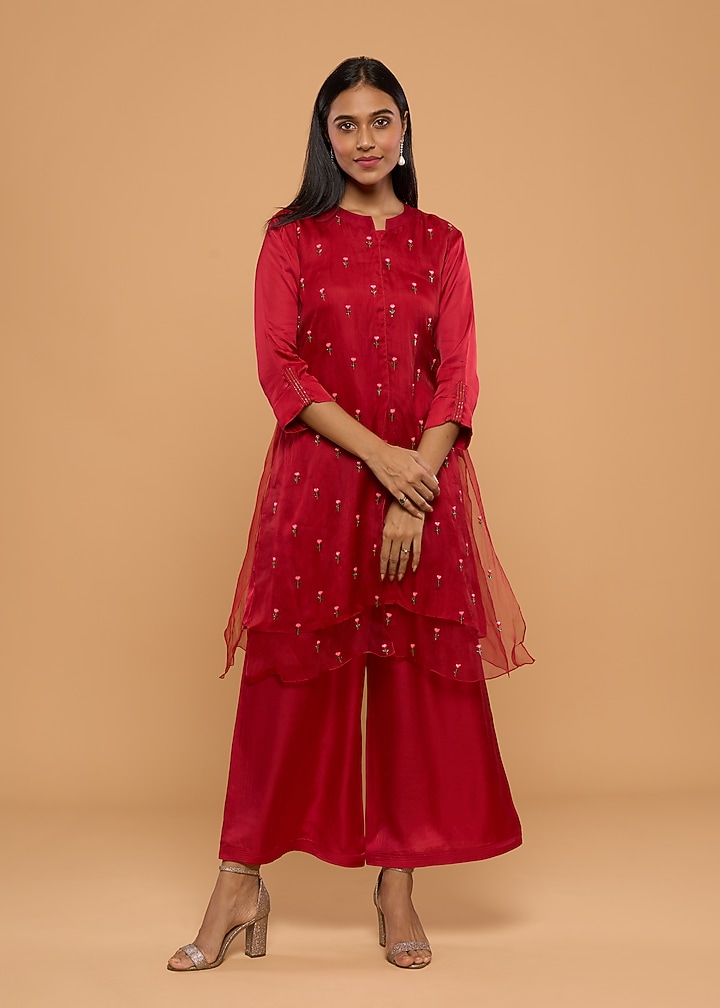 Red Modal Satin & Organza Embroidered Kurta Set by Mayu Kothari at Pernia's Pop Up Shop