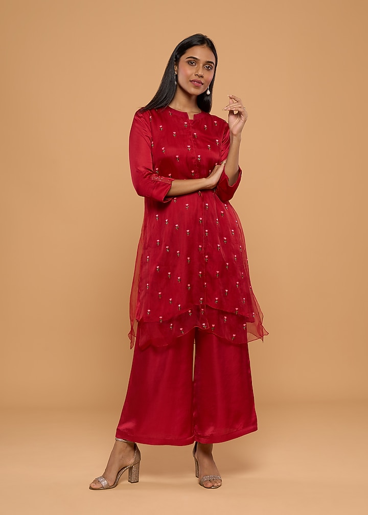 Red Modal Satin & Organza Embroidered Kurta Set by Mayu Kothari at Pernia's Pop Up Shop
