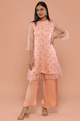 Peach Modal Satin Kurta Set by Mayu Kothari