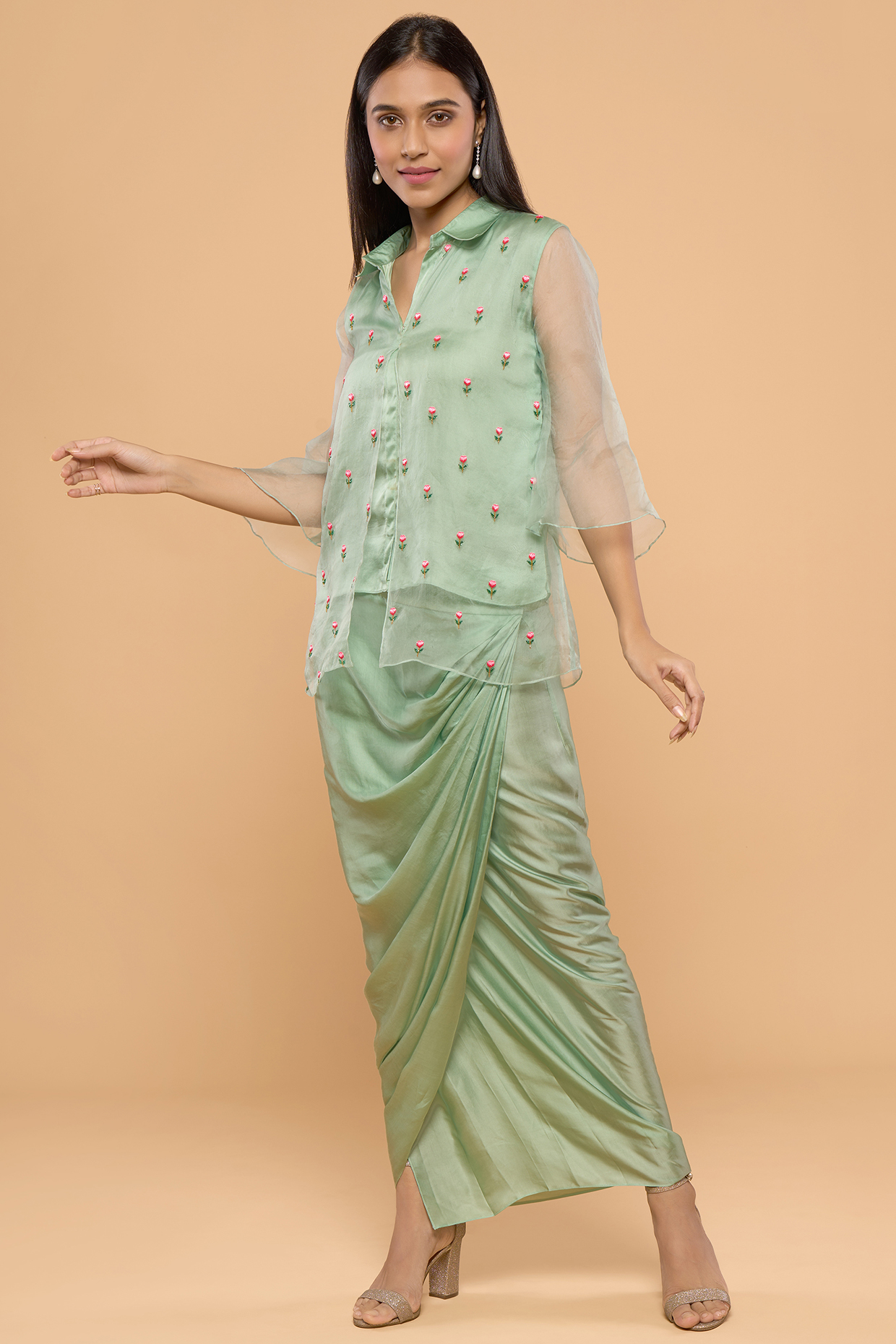 Green Modal Satin Skirt Set by Mayu Kothari