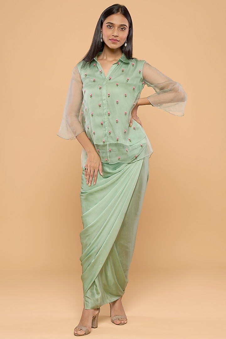 Green Modal Satin Skirt Set by Mayu Kothari at Pernia's Pop Up Shop