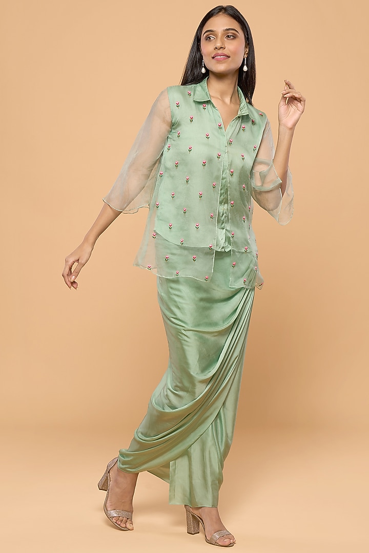 Green Modal Satin Skirt Set by Mayu Kothari at Pernia's Pop Up Shop