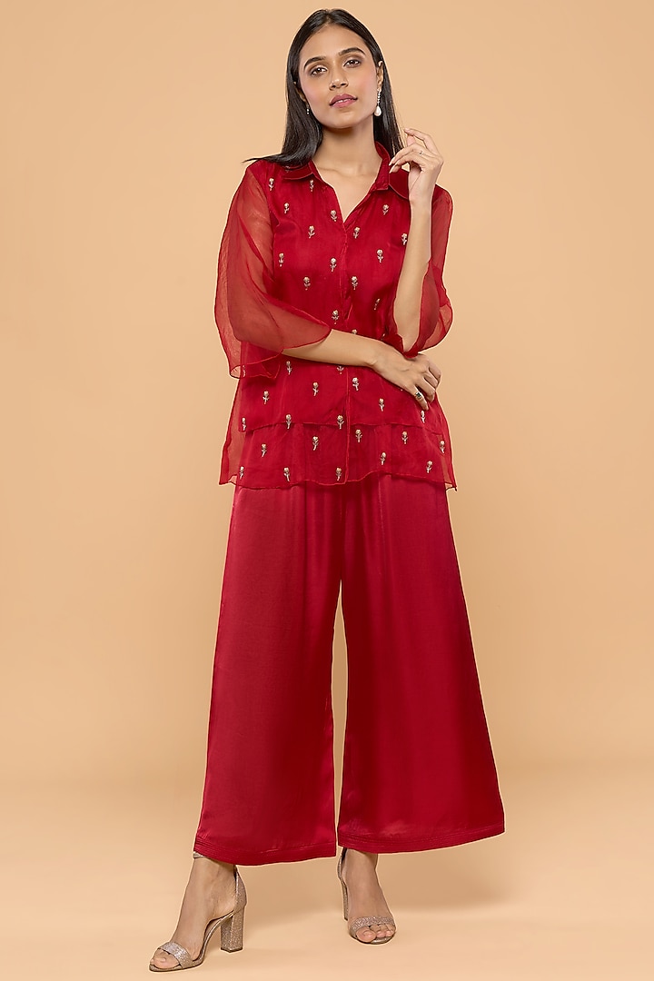 Red Modal Satin Pant Set by Mayu Kothari