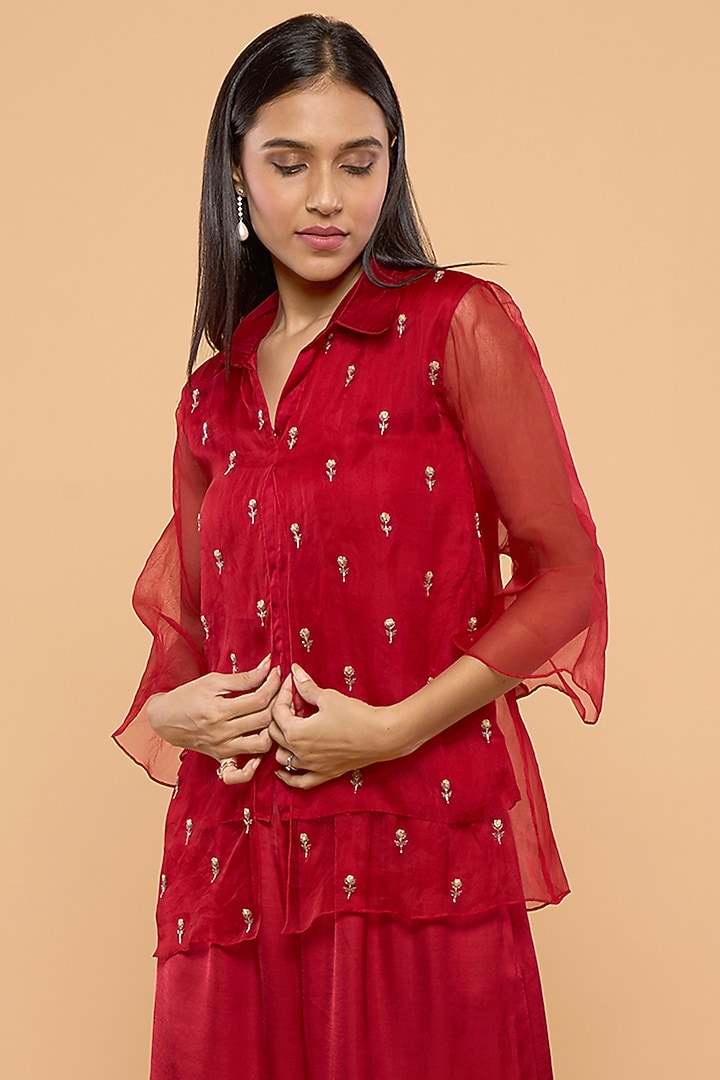 Red Modal Satin Pant Set by Mayu Kothari at Pernia's Pop Up Shop