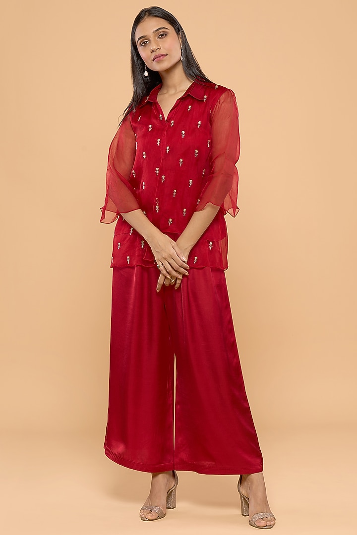 Red Modal Satin Pant Set by Mayu Kothari at Pernia's Pop Up Shop