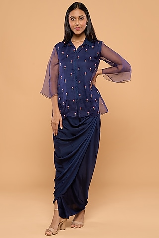 Cobalt Blue Modal Satin Skirt Set by Mayu Kothari