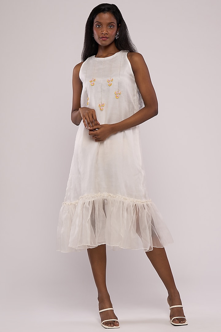 White Organza Embroidered Dress by Mayu Kothari