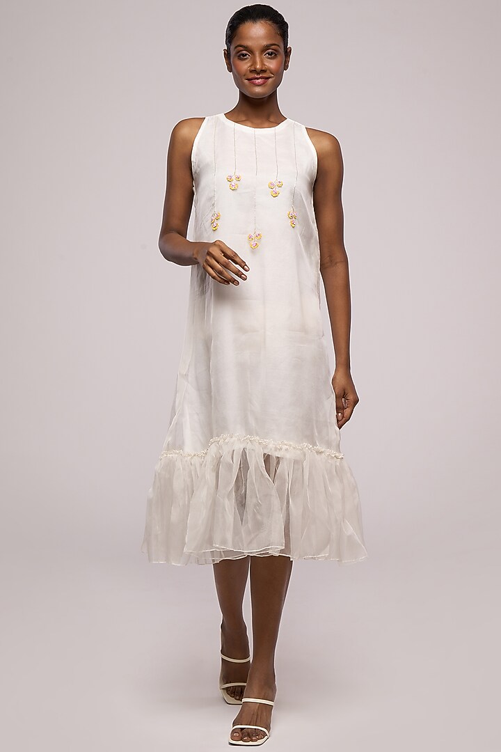 White Organza Embroidered Summer Dress by Mayu Kothari at Pernia's Pop Up Shop