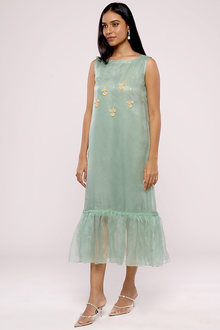 Green Organza Embroidered Summer Dress by Mayu Kothari at Pernia's Pop Up Shop