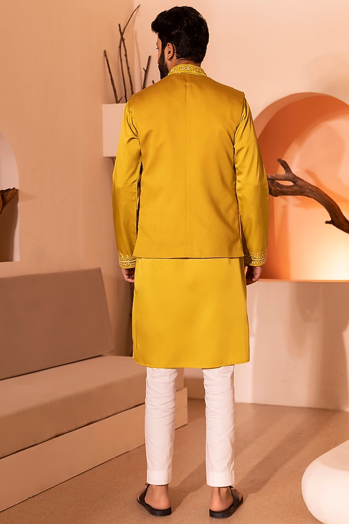 Yellow Padma Silk Hand Embroidered Waistcoat by Shreyansh Designs at Pernia's Pop Up Shop