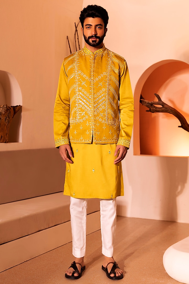 Yellow Padma Silk Hand Embroidered Waistcoat by Shreyansh Designs