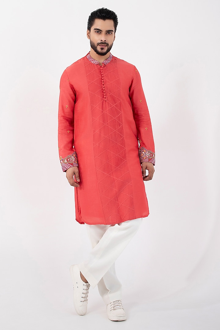 Orange Silk Mulmul Thread Embroidered Kurta Set by Smriti By Anju Agarwal Men